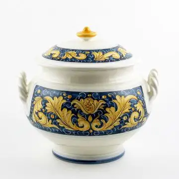 Italian soup tureen from the Rinascimento Blu e Giallo collection handmade by Ceramiche Rampini in Gubbio, Italy