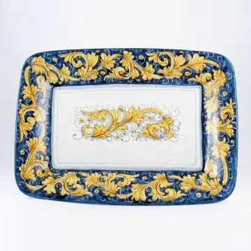 Italian rectangular platter from the Rinascimento Blu e Giallo collection handmade by Ceramiche Rampini in Gubbio, Italy