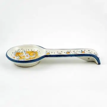 Italian spoon rest from the Rinascimento Blu e Giallo collection handmade by Ceramiche Rampini in Gubbio, Italy