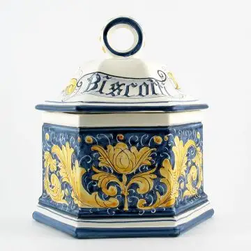 Italian cookie jar from the Rinascimento Blu e Giallo collection handmade by Ceramiche Rampini in Gubbio, Italy