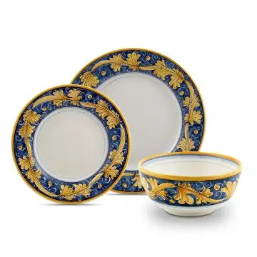 Handmade Italian 3-piece place setting Rinascimento Blu e Giallo: dinner plate, salad & dessert plate, cereal bowl. Gubbio, Italy