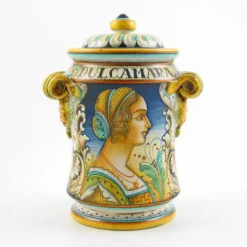 Italian apothecary jar  featuring a Renaissance-style portrait of Isabella handmade by Alvaro Binaglia in Deruta Italy - main image