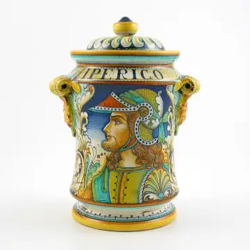 Italian apothecary jar  featuring a Renaissance-style portrait of a warrior with long hair handmade by Alvaro Binaglia in Deruta Italy - main image