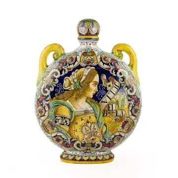 Italian pilgrim flask featuring a Renaissance-style portrait of Julia Bella handmade by Alvaro Binaglia in Deruta Italy - main image