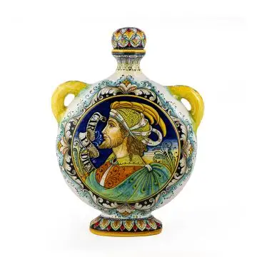 Italian pilgrim flask featuring two Renaissance-style portraits handmade by Alvaro Binaglia in Deruta Italy - main image