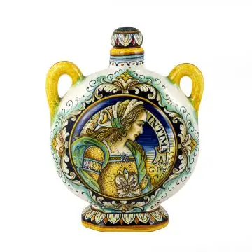 Italian pilgrim flask featuring two Renaissance-style portraits handmade by Alvaro Binaglia in Deruta Italy - main image