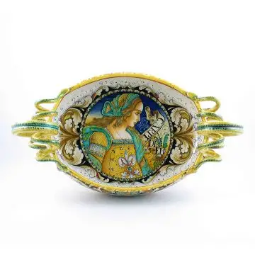 Italian centerpiece featuring a Renaissance-style portrait of Julia Bella handmade by Alvaro Binaglia in Deruta Italy - main image