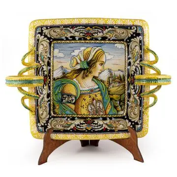 Italian centerpiece featuring a Renaissance-style portrait of Julia Bella handmade by Alvaro Binaglia in Deruta Italy - main image