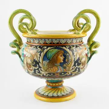 Italian footed bowl featuring a Renaissance-style portrait of Angiolo handmade by Alvaro Binaglia in Deruta Italy - main image