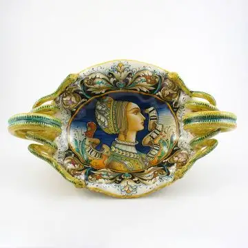 Italian centerpiece featuring a Renaissance-style portrait of Beatrice handmade by Alvaro Binaglia in Deruta Italy - main image