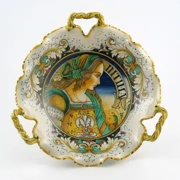 Italian centerpiece featuring a Renaissance-style portrait of Julia Bella handmade by Alvaro Binaglia in Deruta Italy - main image