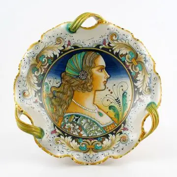 Italian centerpiece featuring a Renaissance-style portrait of a woman with pearls handmade by Alvaro Binaglia in Deruta Italy - main image