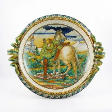 Italian centerpiece bowlfeaturing a Renaissance-style portrait of a knight handmade by Alvaro Binaglia in Deruta Italy - main image