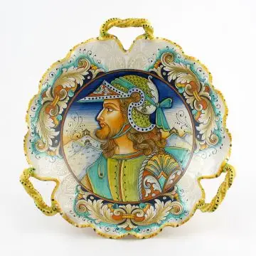 Italian centerpiece featuring a Renaissance-style portrait of a warrior with long hair handmade by Alvaro Binaglia in Deruta Italy - main image
