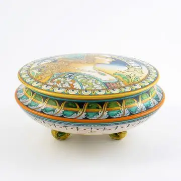 Italian footed box jar featuring a Renaissance-style portrait of a woman with pearls handmade by Alvaro Binaglia in Deruta Italy - main image