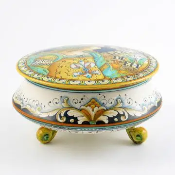 Italian footed box jar featuring a Renaissance-style portrait of Julia Bella handmade by Alvaro Binaglia in Deruta Italy - main image