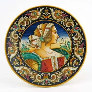 Italian wall plate featuring a Renaissance-style portrait of Artemisia handmade by Alvaro Binaglia in Deruta Italy - main image