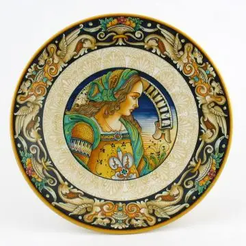 Italian wall plate featuring a Renaissance-style portrait of Julia Bella handmade by Alvaro Binaglia in Deruta Italy - main image