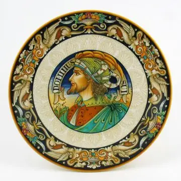 Italian wall plate featuring a Renaissance-style portrait of Antonio Bello handmade by Alvaro Binaglia in Deruta Italy - main image