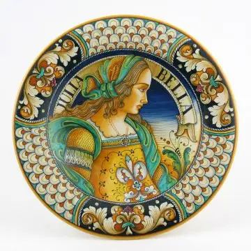 Italian wall plate featuring a Renaissance-style portrait of Julia Bella handmade by Alvaro Binaglia in Deruta Italy - main image