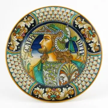 Italian wall plate featuring a Renaissance-style portrait of a warrior with long hair handmade by Alvaro Binaglia in Deruta Italy - main image
