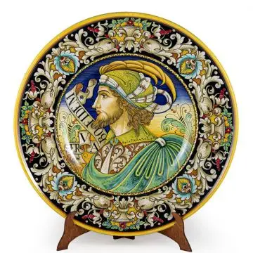 Italian wall plate featuring a Renaissance-style portrait of Antonio Bello handmade by Alvaro Binaglia in Deruta Italy - main image