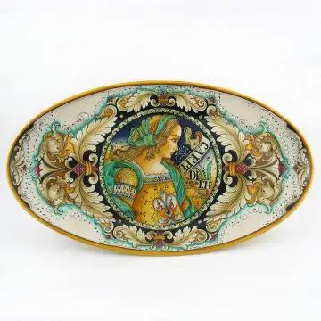 Italian wall plate platter featuring a Renaissance-style portrait of Julia Bella handmade by Alvaro Binaglia in Deruta Italy - main image