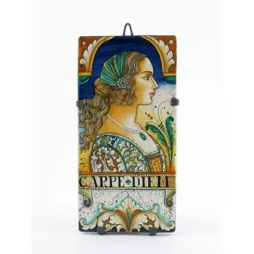 Italian tile plaque featuring a Renaissance-style portrait of a woman with pearls handmade by Alvaro Binaglia in Deruta Italy - main image