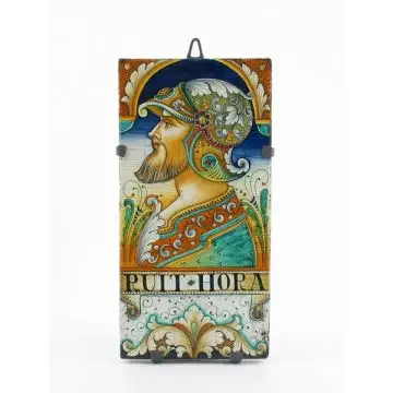 Italian tile plaque featuring a Renaissance-style portrait of a warrior with helmet handmade by Alvaro Binaglia in Deruta Italy - main image
