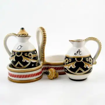 Barocco Nero Italian oil and vinegar set handmade by Fima in Deruta