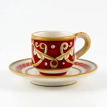 Barocco Rosso Italian espresso cup and saucer handmade by Fima in Deruta