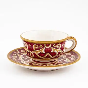 Barocco Rosso Italian tea cup and saucer handmade by Fima in Deruta