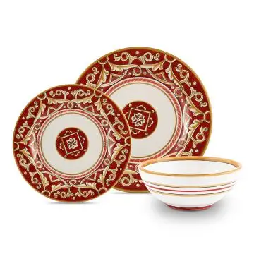 Handmade Italian 3-piece place setting Barocco Rosso: dinner plate, salad & dessert plate, cereal bowl. Deruta, Italy