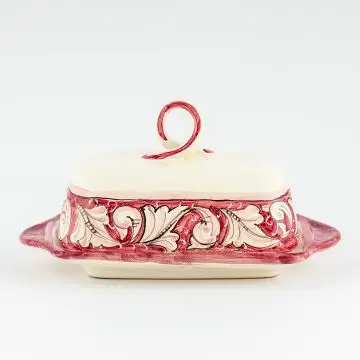 Italian butter dish from the Rinascimento Rosa e Bianco collection handmade by Ceramiche Rampini in Gubbio, Italy