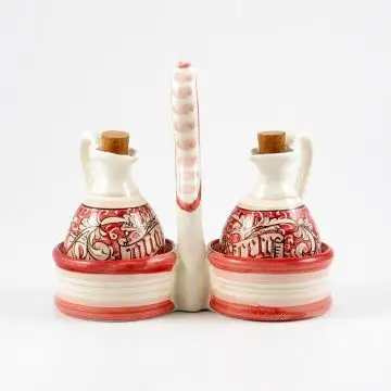 Italian oil and vinegar set from the Rinascimento Rosa e Bianco collection handmade by Ceramiche Rampini in Gubbio, Italy