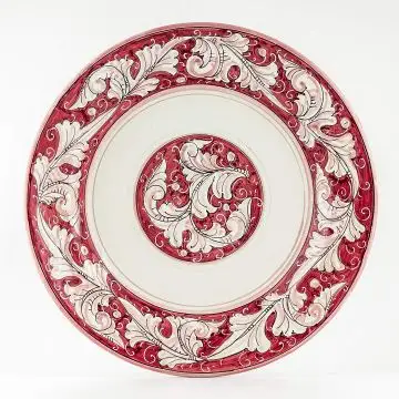 Italian round platter from the Rinascimento Rosa e Bianco collection handmade by Ceramiche Rampini in Gubbio, Italy