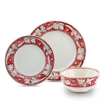 Handmade Italian 3-piece place setting Rinascimento Rosa e Bianco: dinner plate, salad & dessert plate, cereal bowl. Gubbio, Italy