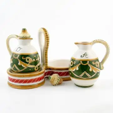 Barocco Verde Italian oil and vinegar set handmade by Fima in Deruta