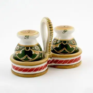 Barocco Verde Italian salt and pepper shakers set handmade by Fima in Deruta