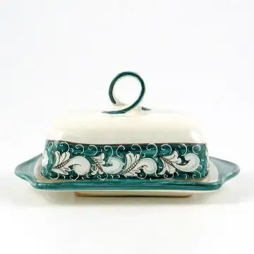 Italian butter dish from the Rinascimento Verde e Bianco collection handmade by Ceramiche Rampini in Gubbio, Italy