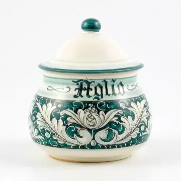 Italian garlic jar from the Rinascimento Verde e Bianco collection handmade by Ceramiche Rampini in Gubbio, Italy