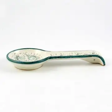 Italian spoon rest from the Rinascimento Verde e Bianco collection handmade by Ceramiche Rampini in Gubbio, Italy
