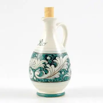 Italian oil bottle from the Rinascimento Verde e Bianco collection handmade by Ceramiche Rampini in Gubbio, Italy