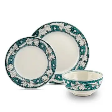 Handmade Italian 3-piece place setting Rinascimento Verde e Bianco: dinner plate, salad & dessert plate, cereal bowl. Gubbio, Italy