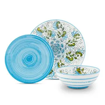 Handmade Italian 3-piece place setting Cecilia azure: dinner plate, salad & dessert plate, cereal bowl. Deruta, Italy