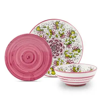 Handmade Italian 3-piece place setting Cecilia Bella Purple: dinner plate, salad & dessert plate, cereal bowl. Deruta, Italy