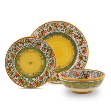 Handmade Italian 3-piece place setting Cecilia Rosso: dinner plate, salad & dessert plate, cereal bowl. Deruta, Italy