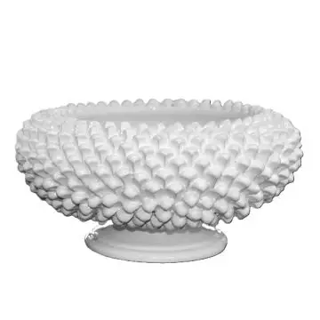 White Italian footed bowl decorated with individually crafted pinecone scales. The bowl is handmade in Caltagirone, Sicily.
