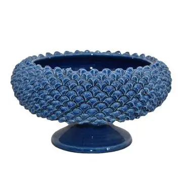 Blue Italian footed bowl decorated with individually crafted pinecone scales. The bowl is handmade in Caltagirone, Sicily.