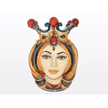 Sicilian Moorish head featuring a female character decorated in rich shades of blue, orange and red. It is handcrafted in Caltagirone, Italy.